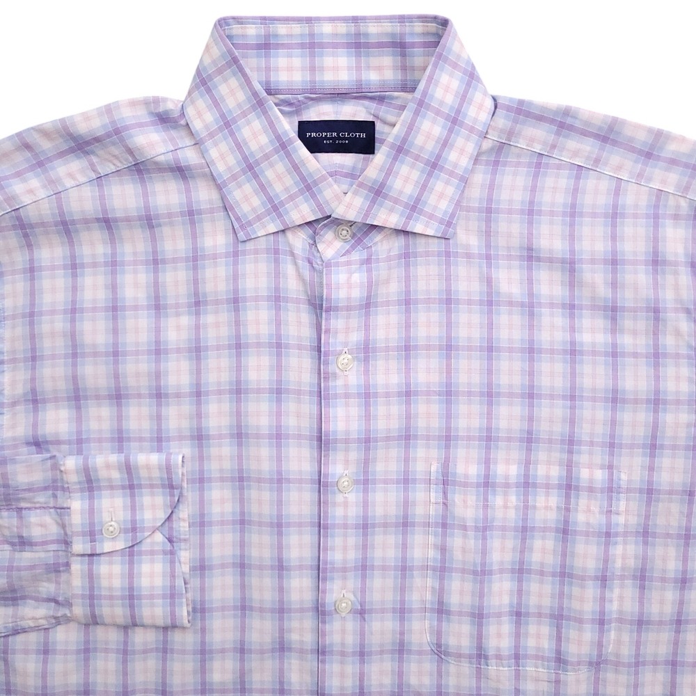 Proper Cloth Dress Shirt Mens 16 36 Regular Fit Purple‎ Plaid Long Sleeve